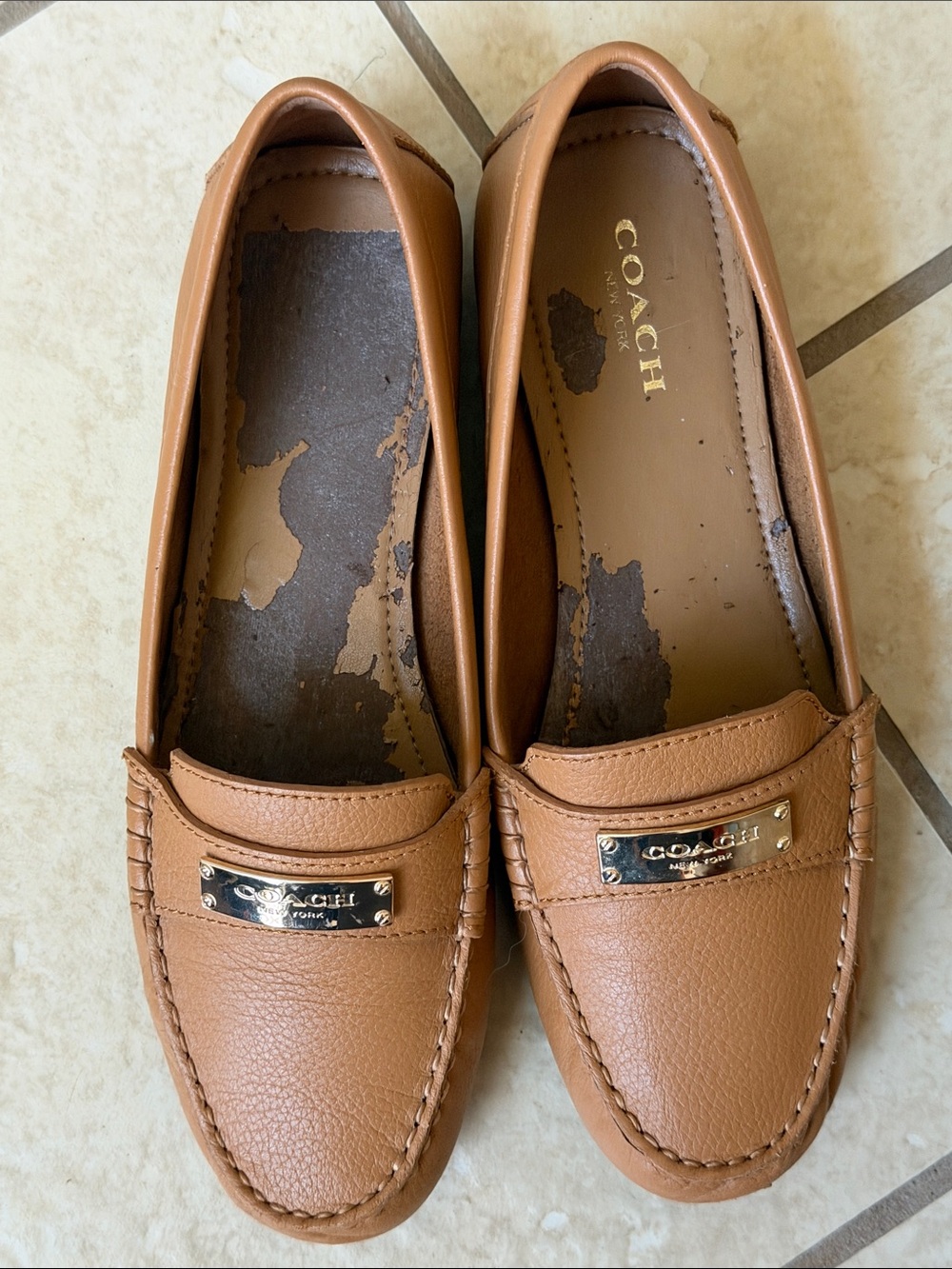 Coach Women’s Brown Leather Loafers with Gold Logo Plaques